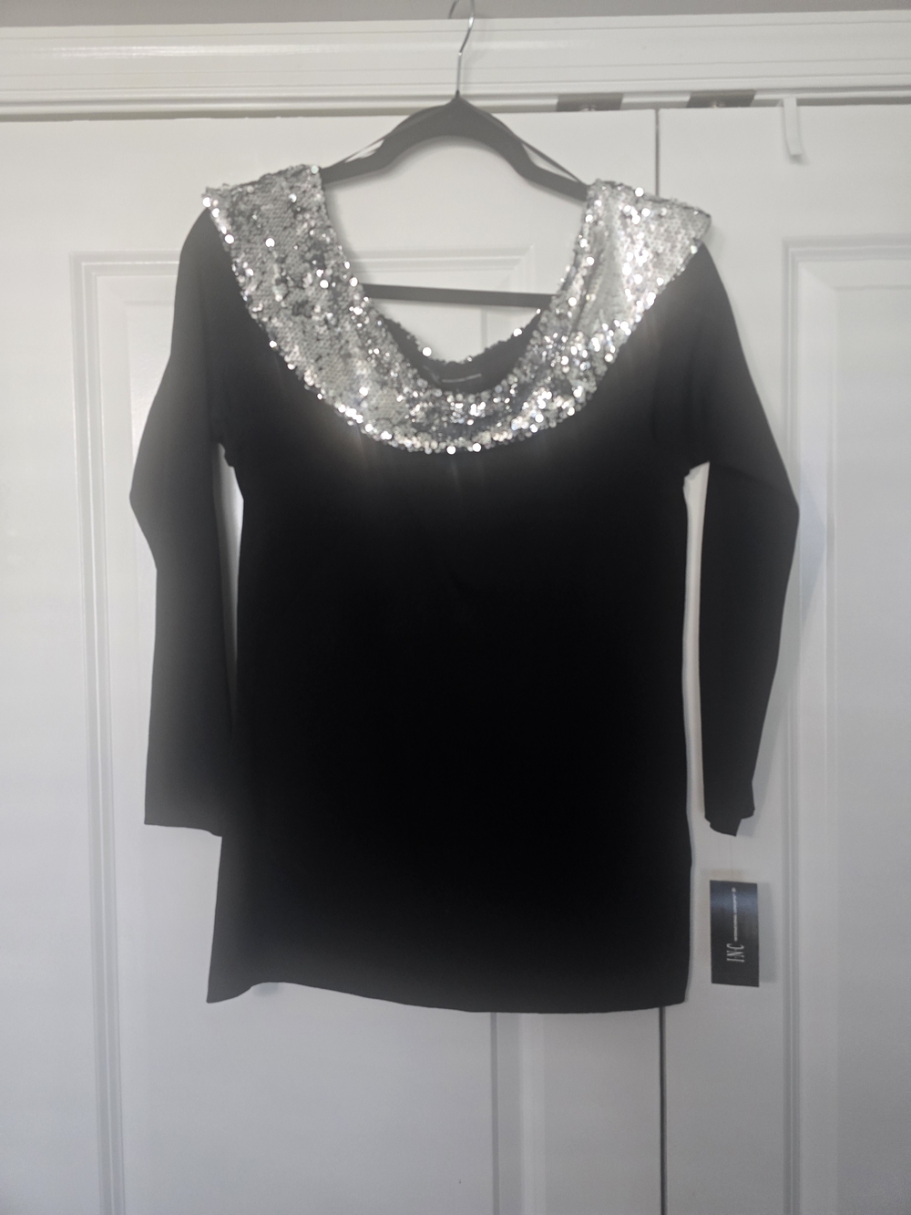 INC. Black Long-Sleeve Top with Silver Sequin Collar